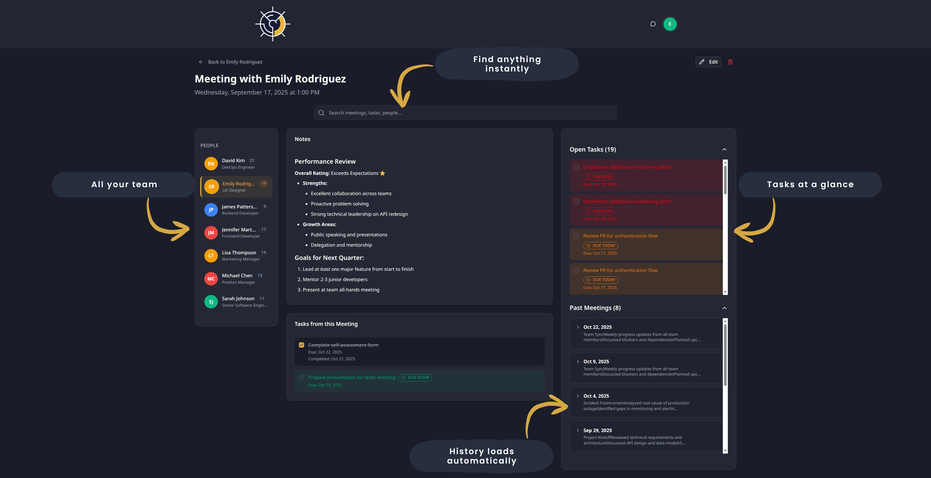 Helmly Meeting View - Past context and open tasks automatically loaded